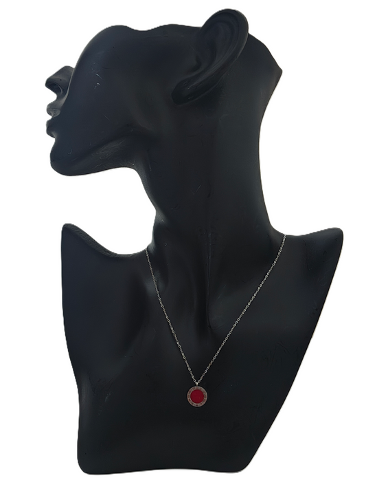 Anti tarnish silver coloured chain with circular red pendant