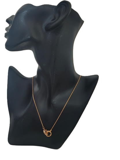 Anti tarnish golden coloured chain with interlocking stone studded band rings pendant